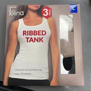 NEW Felina Women's L Ribbed Tank 3-Pack Cotton/Polyester Blend White/Tan/Black